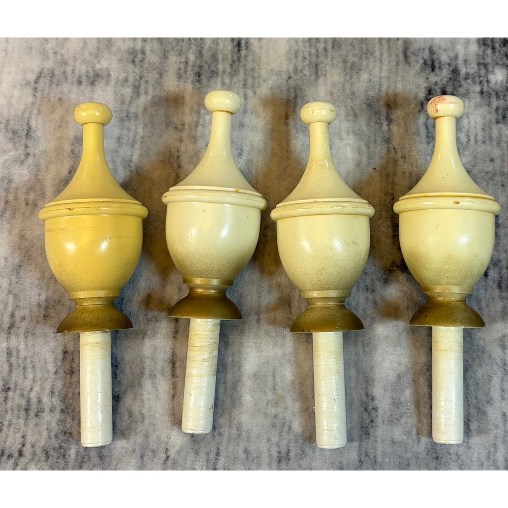Vintage Plastic Bed Post Finials Set of 4 Cream Gold Urn Shape Furniture Accents